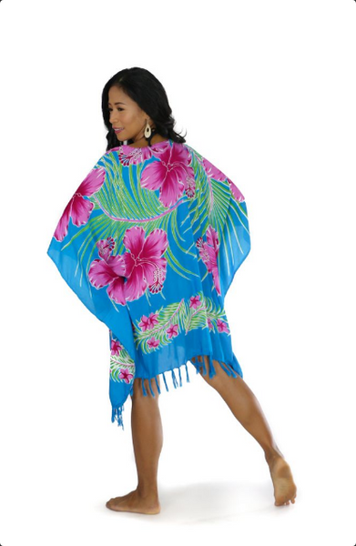 Hawaiian Floral Fringed Poncho in Turquoise/Pink - Isleitudes