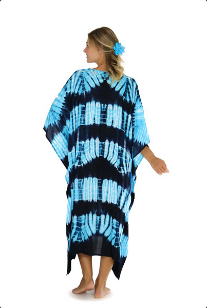 Jungle Blue Tie Dye Fringeless Long Kaftan Poncho - Isleitudes
