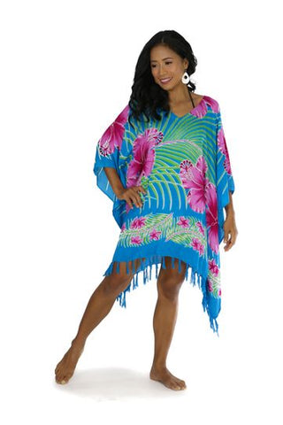 Hawaiian Floral Fringed Poncho in Turquoise/Pink - Isleitudes