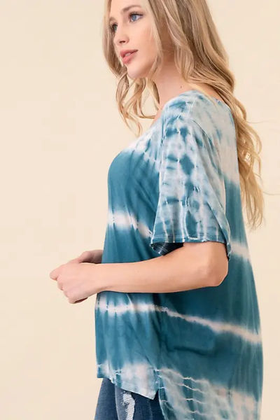 Hand Made Tie Dye V Neck Short Sleeve Top D1511V - Teal - Isleitudes