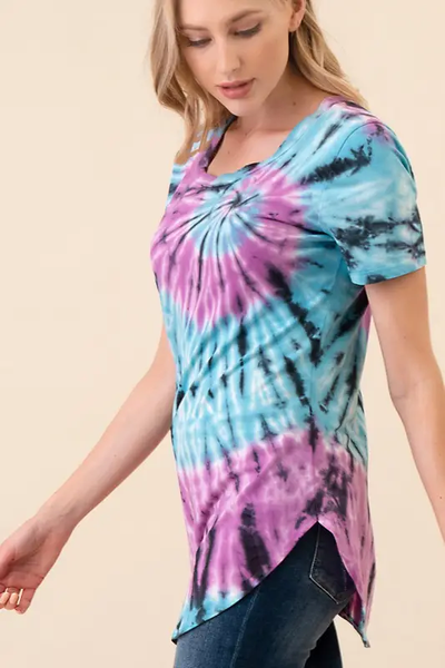 Hand Made Tie Dye C-neck Top 1013C - Blue Multi - Isleitudes