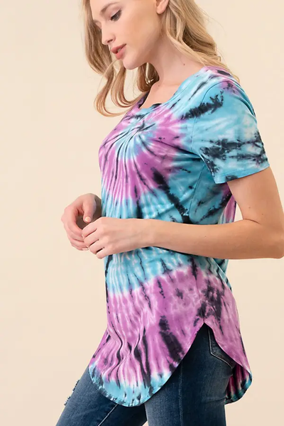 Hand Made Tie Dye C-neck Top 1013C - Blue Multi - Isleitudes