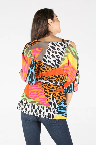 COLD SHOULDER MIXED ANIMAL PRINTED TOP - Isleitudes