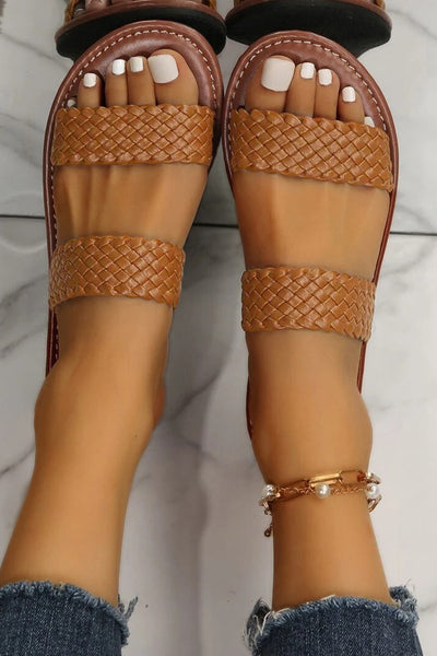 Braided Double Band Leathered Flat Slippers-1