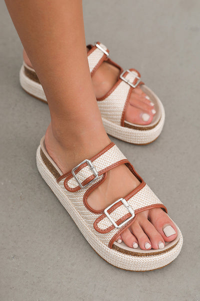 Beige Linen Dual Buckle Strap Thick Sole Slippers-2