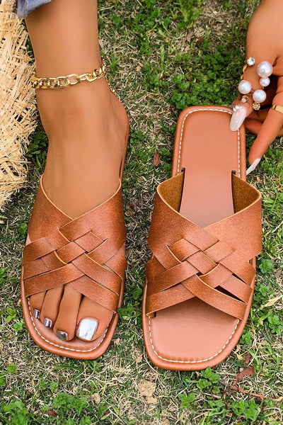 Ana Crossed Woven Flat Slippers-4