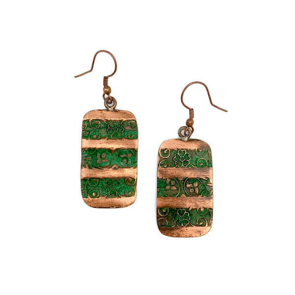 Copper Patina Earrings - Green Floral Striped Rectangles - Isleitudes