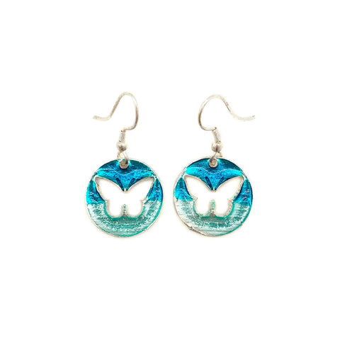 Pewter Earrings with Color Enamel - Butterfly in Teal/Aqua - Isleitudes