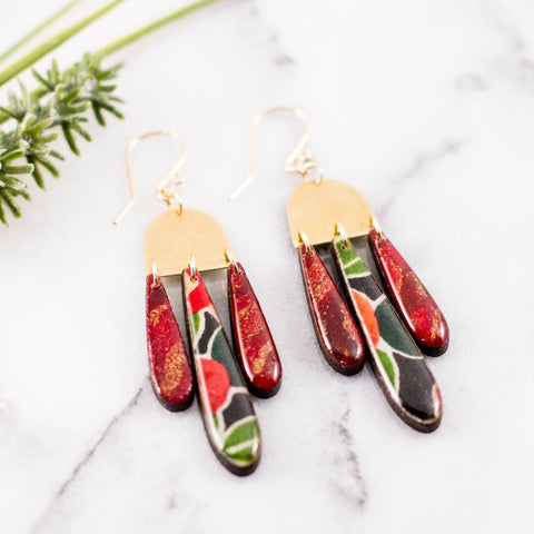 Japanese Triple Raindrop Earrings- Red Poppy - Isleitudes