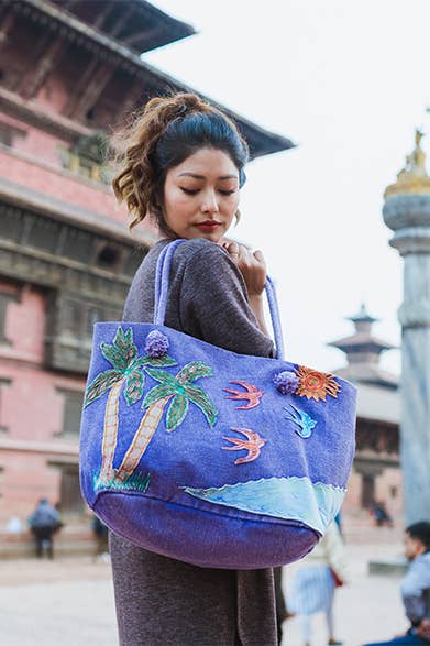 KD-10-PL Large Purple Cotton Beach Bag with Birds - Isleitudes