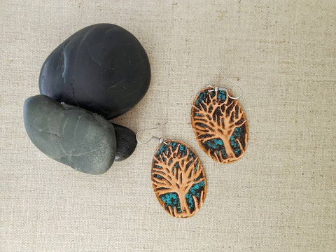 Natural Patina Embossed Medium Oval Copper Tree Earrings - Isleitudes