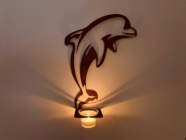 Rustic Patina Metal Dolphin Sconce w/ Votive Candleholder - Isleitudes