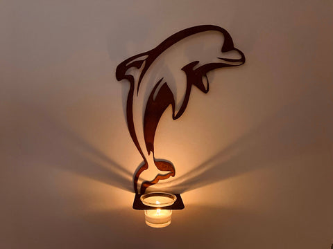 Rustic Patina Metal Dolphin Sconce w/ Votive Candleholder - Isleitudes
