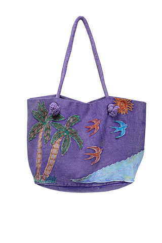 KD-10-PL Large Purple Cotton Beach Bag with Birds - Isleitudes