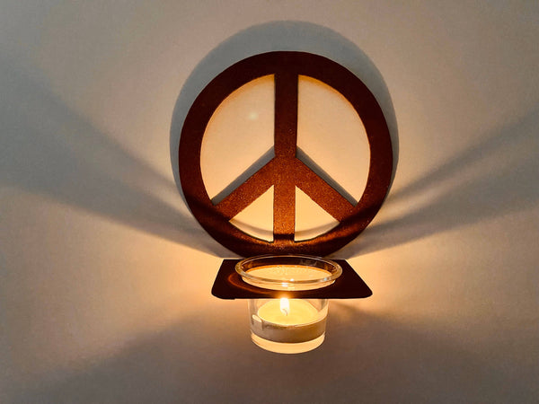 Rustic Patina Metal PEACE Sconce with Votive Candleholder - Isleitudes