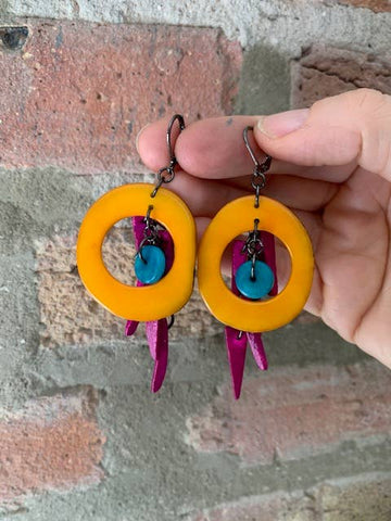 Hoop Style Tagua Earrings With Contrasting Color Dangle - Isleitudes