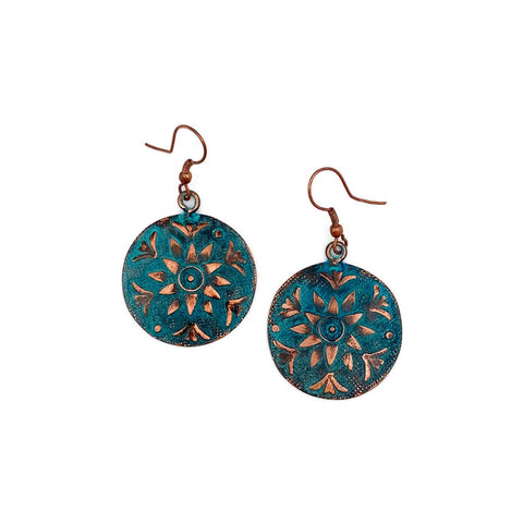 Copper Patina Earrings - Teal Sun Flower Circle - Isleitudes