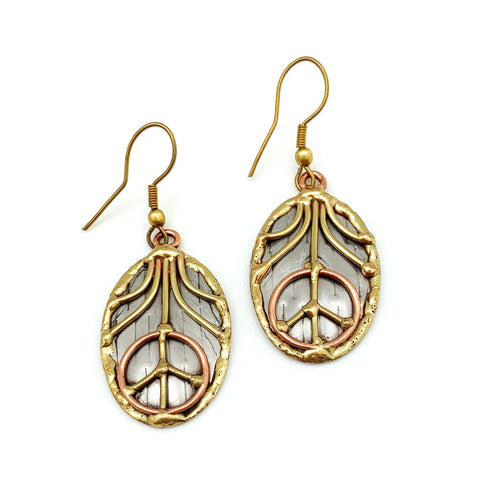 Mixed Metal Earrings - Peace Sign in Oval - Isleitudes