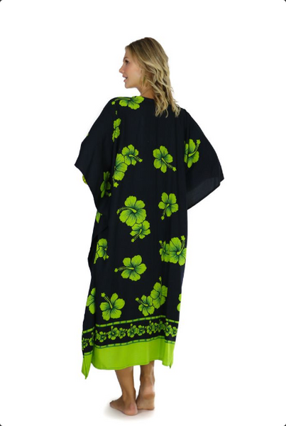 Hibiscus Top Quality Long Poncho Kaftan in Lime Green / Black - Isleitudes