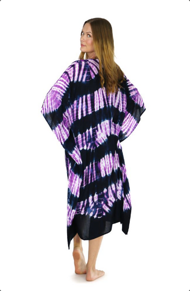 Jungle Purple Tie Dye Fringeless Cover-Up Long Kaftan Poncho - Isleitudes