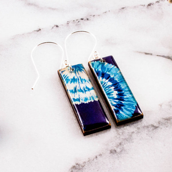 Blue Tie Dye Rectangle Earrings - Isleitudes