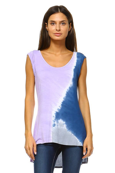 Lilac & Navy Color block Tie dye Scoop neck Hi low Tunic top - Isleitudes