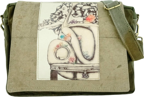 VW Beetle Girl Recycled Military Tent Crossbody bag - Isleitudes