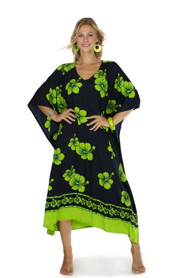 Hibiscus Top Quality Long Poncho Kaftan in Lime Green / Black - Isleitudes