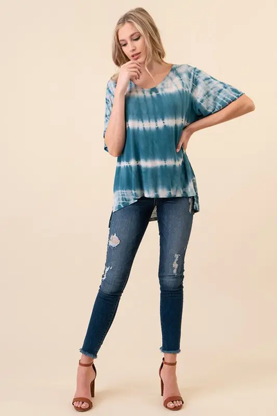 Hand Made Tie Dye V Neck Short Sleeve Top D1511V - Teal - Isleitudes