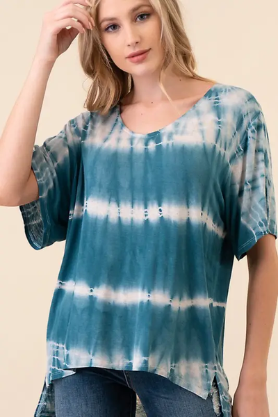 Hand Made Tie Dye V Neck Short Sleeve Top D1511V - Teal - Isleitudes
