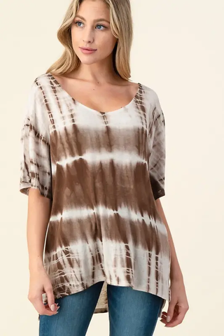 Hand Made Tie Dye V Neck Short Sleeve Top D1511V - Smoky Brown - Isleitudes