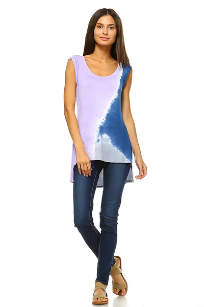 Lilac & Navy Color block Tie dye Scoop neck Hi low Tunic top - Isleitudes