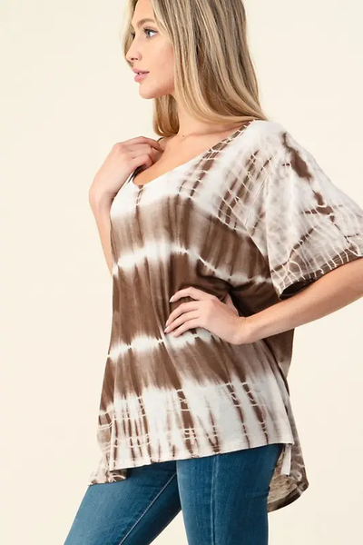 Hand Made Tie Dye V Neck Short Sleeve Top D1511V - Smoky Brown - Isleitudes