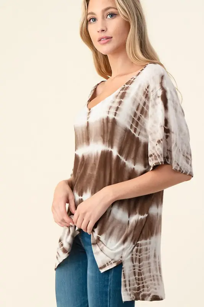 Hand Made Tie Dye V Neck Short Sleeve Top D1511V - Smoky Brown - Isleitudes