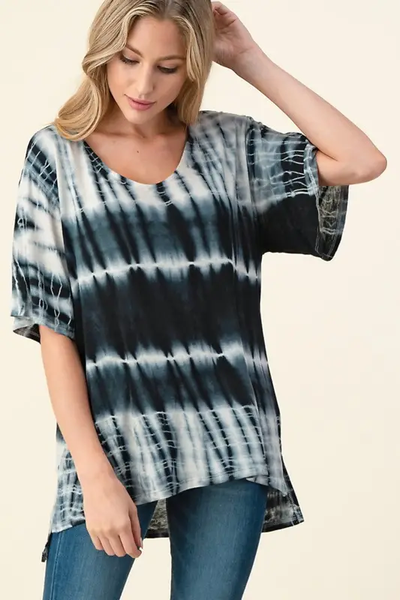 Hand Made Tie Dye V Neck Short Sleeve Top D1511V - Black - Isleitudes