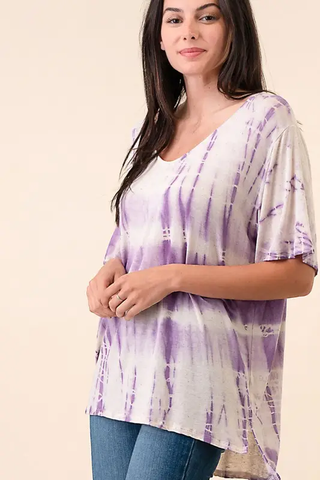 Hand Made Tie Dye V Neck Short Sleeve Top D1511V - Violet - Isleitudes