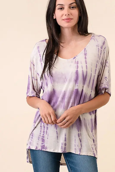 Hand Made Tie Dye V Neck Short Sleeve Top D1511V - Violet - Isleitudes