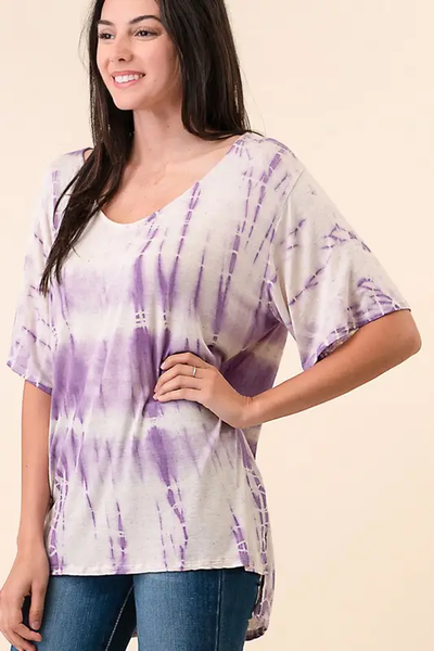 Hand Made Tie Dye V Neck Short Sleeve Top D1511V - Violet - Isleitudes