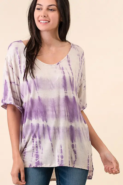 Hand Made Tie Dye V Neck Short Sleeve Top D1511V - Violet - Isleitudes