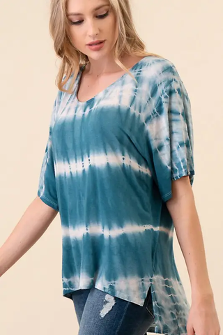 Hand Made Tie Dye V Neck Short Sleeve Top D1511V - Teal - Isleitudes
