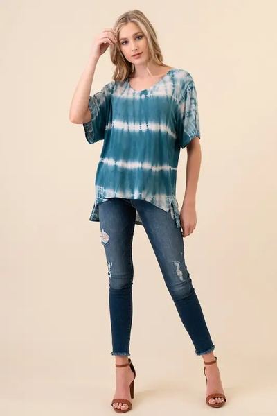 Hand Made Tie Dye V Neck Short Sleeve Top D1511V - Teal - Isleitudes
