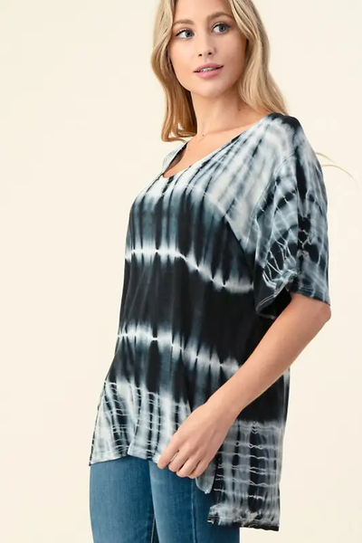 Hand Made Tie Dye V Neck Short Sleeve Top D1511V - Black - Isleitudes