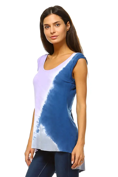 Lilac & Navy Color block Tie dye Scoop neck Hi low Tunic top - Isleitudes