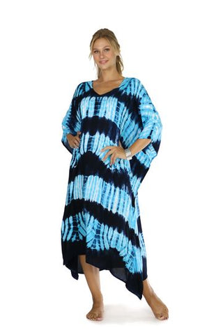 Jungle Blue Tie Dye Fringeless Long Kaftan Poncho - Isleitudes