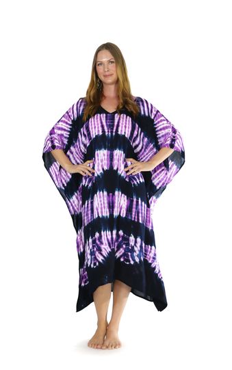 Jungle Purple Tie Dye Fringeless Cover-Up Long Kaftan Poncho - Isleitudes