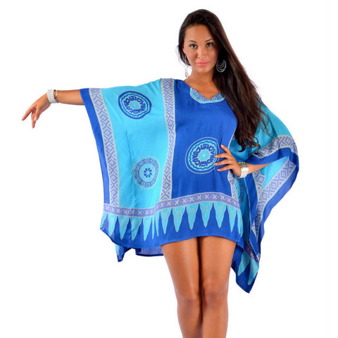 Tunic Poncho Cover-Up With V-Neck - Abstract Tiki - Turquoise / Blue - Isleitudes